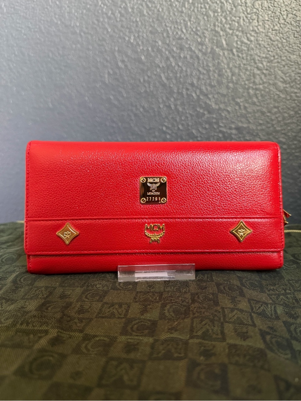 MCM Red Leather Continental Wallet with Gold Accents